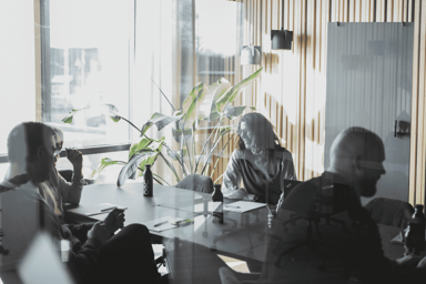 A group of people in a modern conference room with large windows and plants