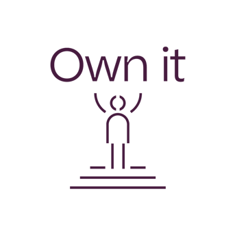 Logo featuring the phrase "Own it" with a figure raising their arms