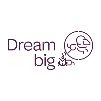 Logo featuring the phrase "Dream big" with an illustration of a person dreaming